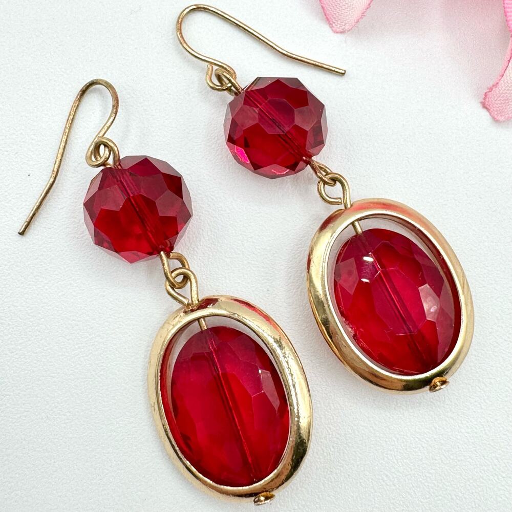 Vintage Cherry Red Faceted Glass Bead Gold Tone Dangle Earrings Holiday Xmas